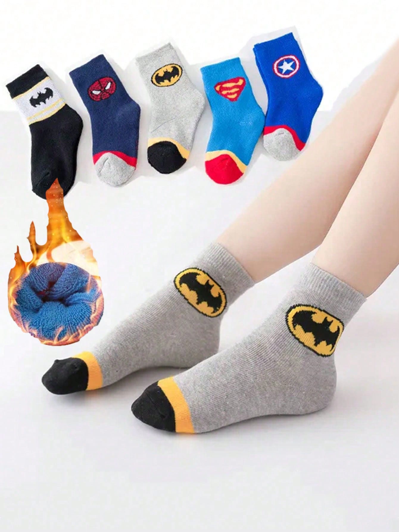 Disney 5 Pairs Kids Socks Super Hero Thick Warm Towel Socks, Girls Mid-Calf Socks, Boys Cartoon Winter Socks, Breathable Baby/Student Socks