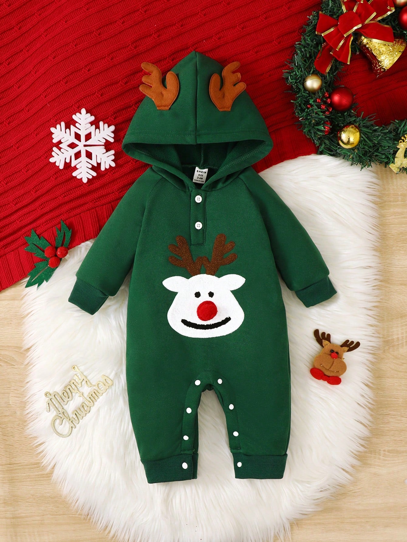 Christmas Party Cute Deer Embroidery Autumn And Winter New Baby Clothes Christmas Red Hooded Romper Jumpsuit Toddler Infant Baby Girl Boy Playsuit Plush Sweatshirt Fabric Winter Thick Outfits(0-24M)