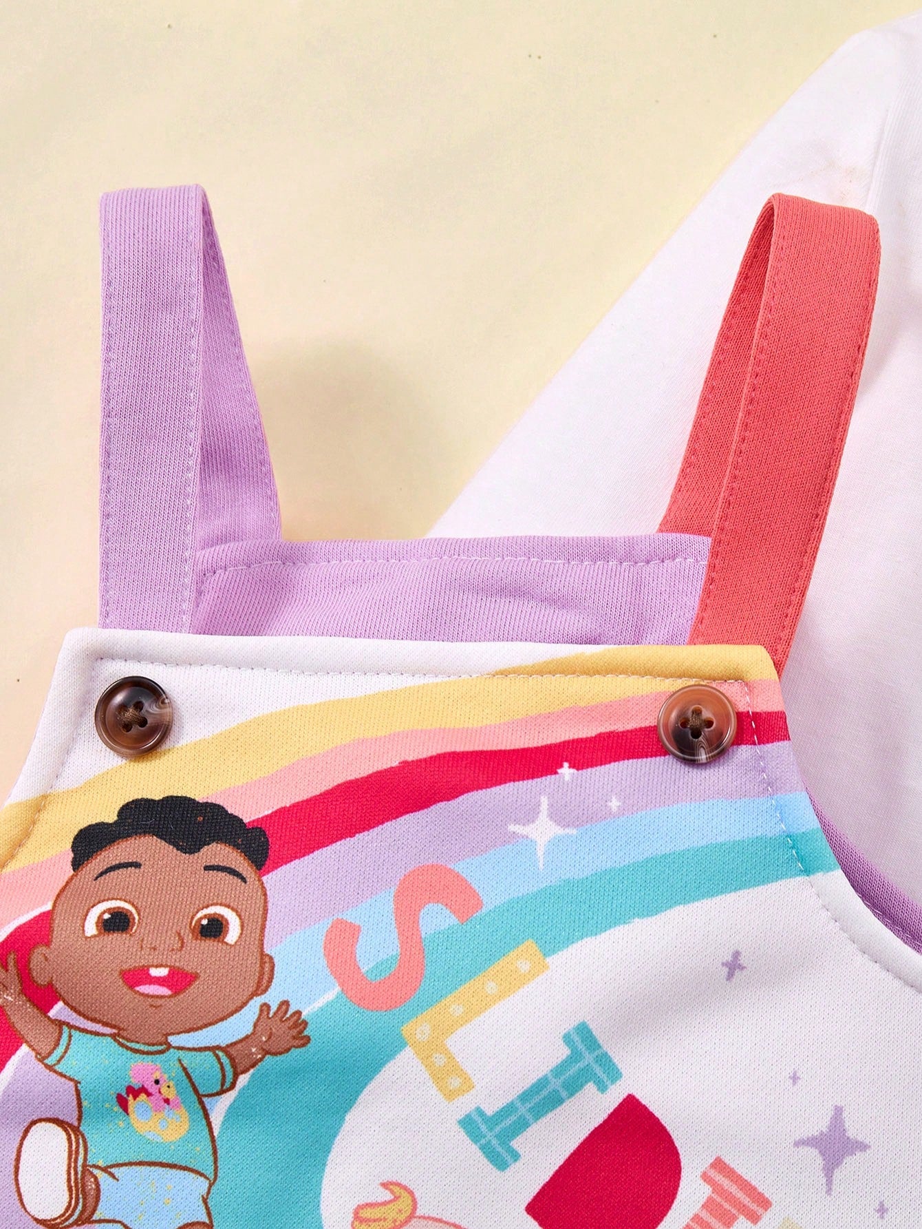 CoComelon X 2pcs/Set Baby Girl Cartoon Character & Rainbow Letter Print White Long Sleeve Top And Colorful Cute Pinafore Dress
