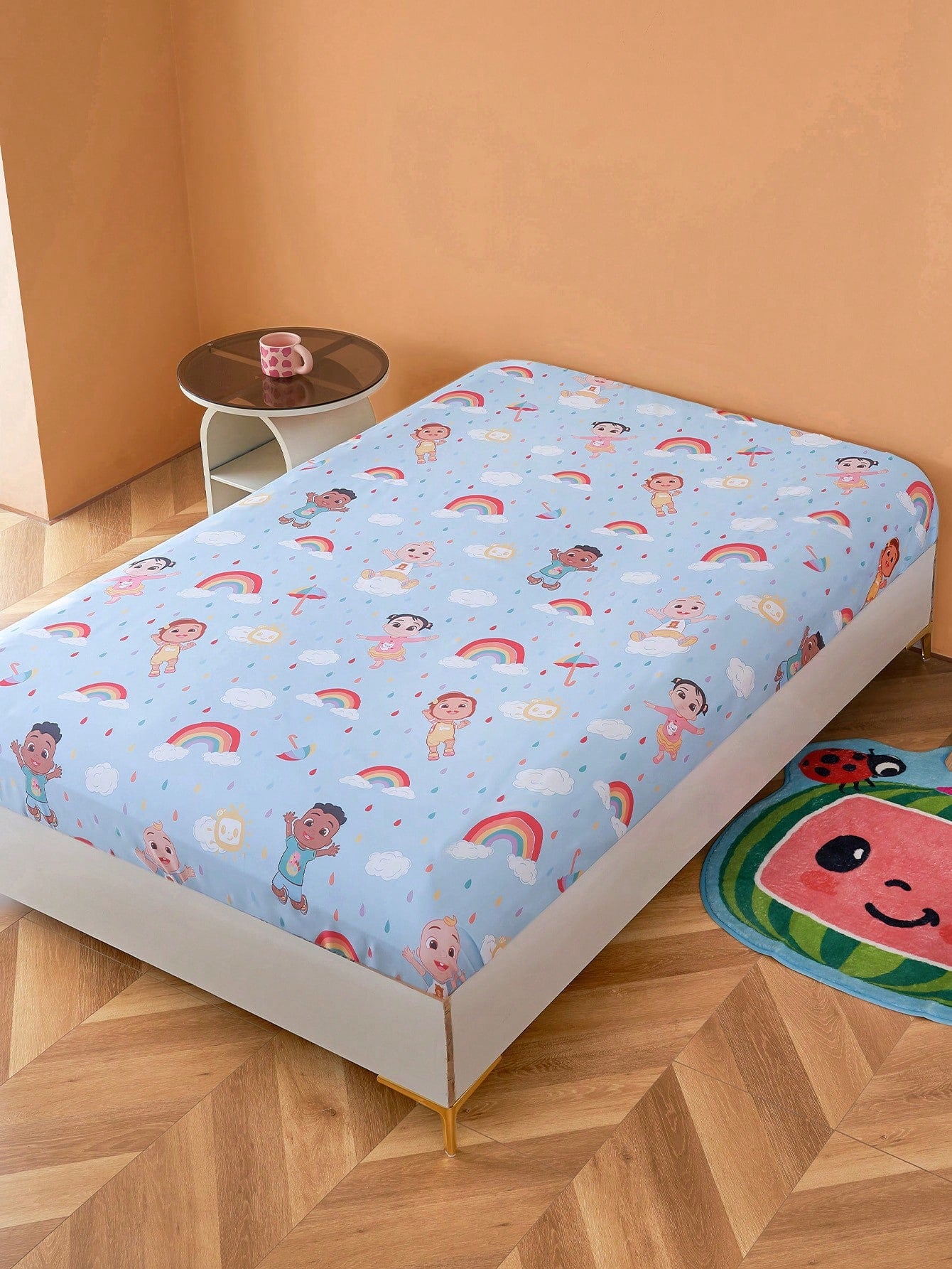 CoComelon X All-Over Cartoon Character & Rainbow Pattern Fitted Sheet