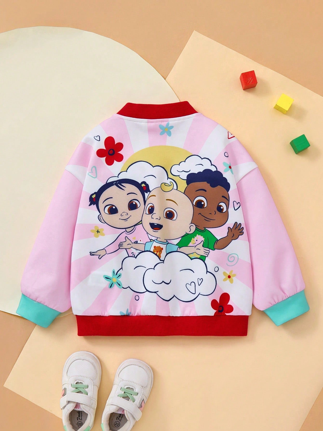 CoComelon X Young Girl Sweet Floral & Heart Print Pocket Front Zip Up Long Sleeve Jacket