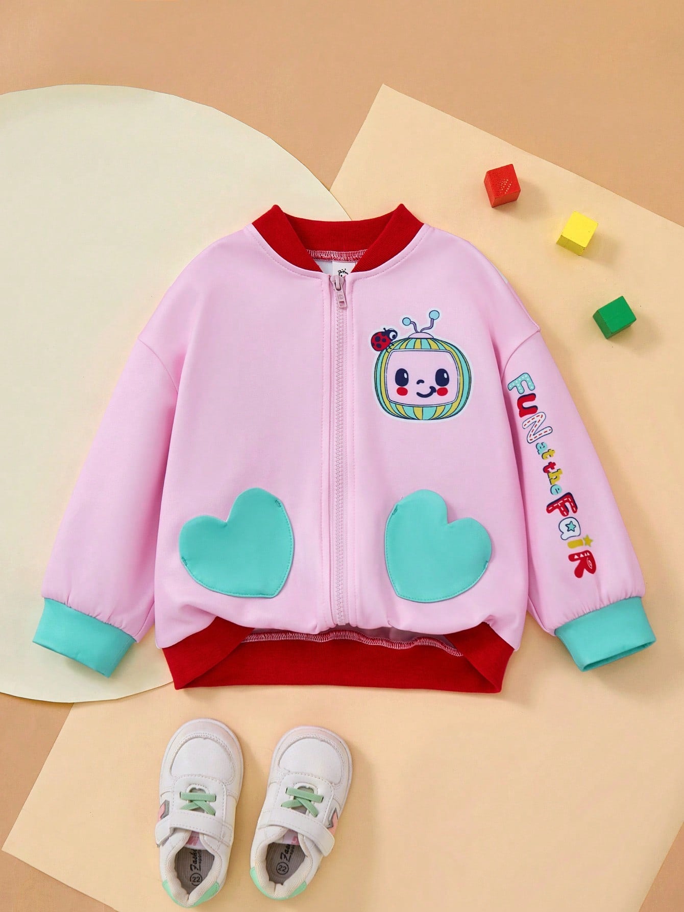 CoComelon X Young Girl Sweet Floral & Heart Print Pocket Front Zip Up Long Sleeve Jacket