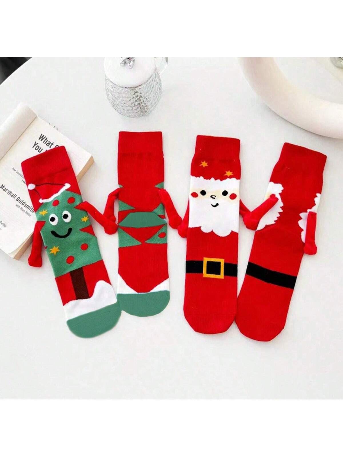 2 Pairs Women's Christmas Pattern Red & White Santa Claus Reindeer Ears Comfortable Crew Socks, Fashionable For Christmas Party And Everyday