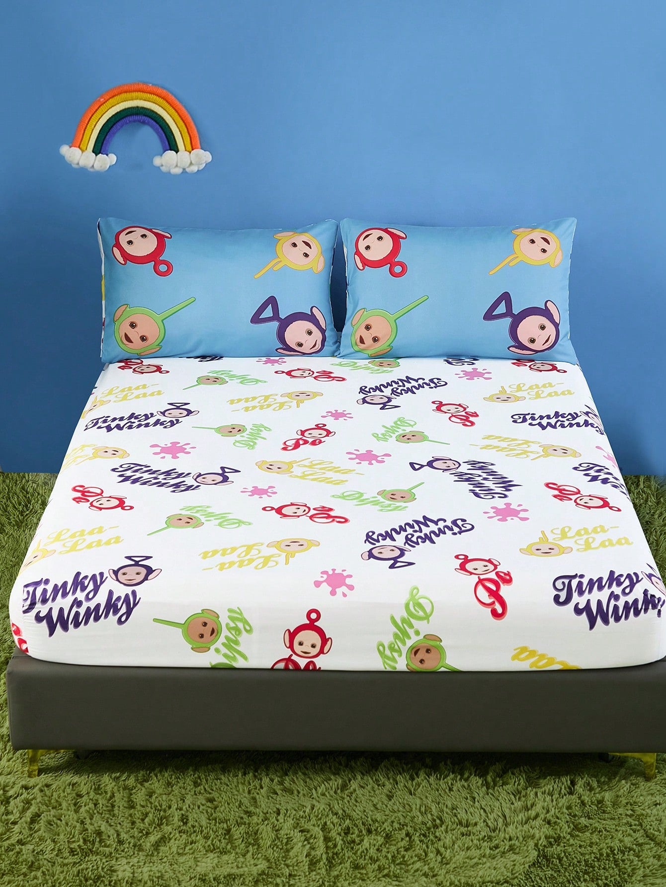 CoComelon X All-Over Cartoon Character & Rainbow Pattern Fitted Sheet