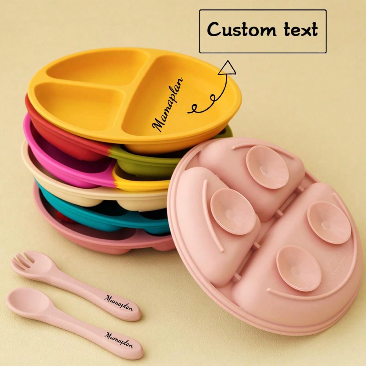 3PCS Personalized Customization Name Baby Food Storage Silicone Dishes For Baby Portable Fork Spoon Custom Sucker Dining Plate Baby Shower Family Decorations Gifts Winter Christmas Eve Gifts Back To School Winter Gift Ideas Boy Girl Valentine's Day