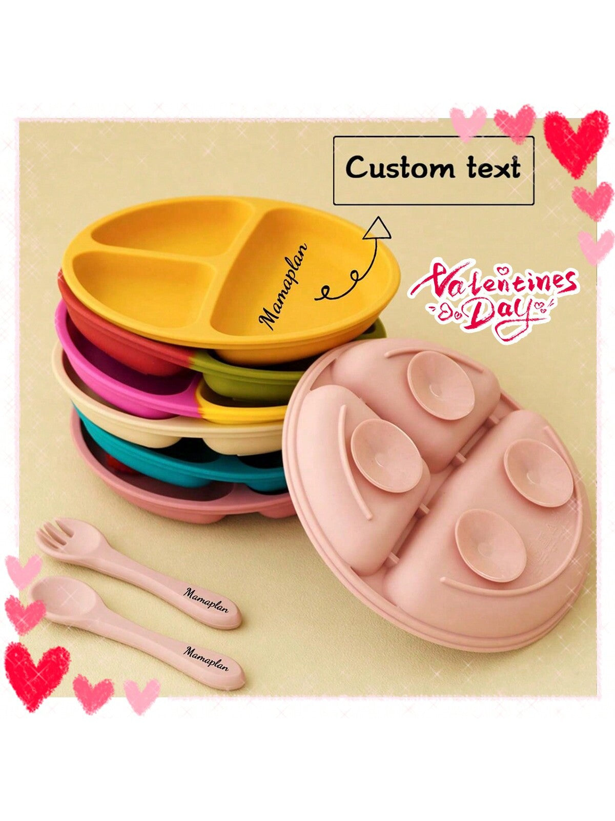 3PCS Personalized Customization Name Baby Food Storage Silicone Dishes For Baby Portable Fork Spoon Custom Sucker Dining Plate Baby Shower Family Decorations Gifts Winter Christmas Eve Gifts Back To School Winter Gift Ideas Boy Girl Valentine's Day