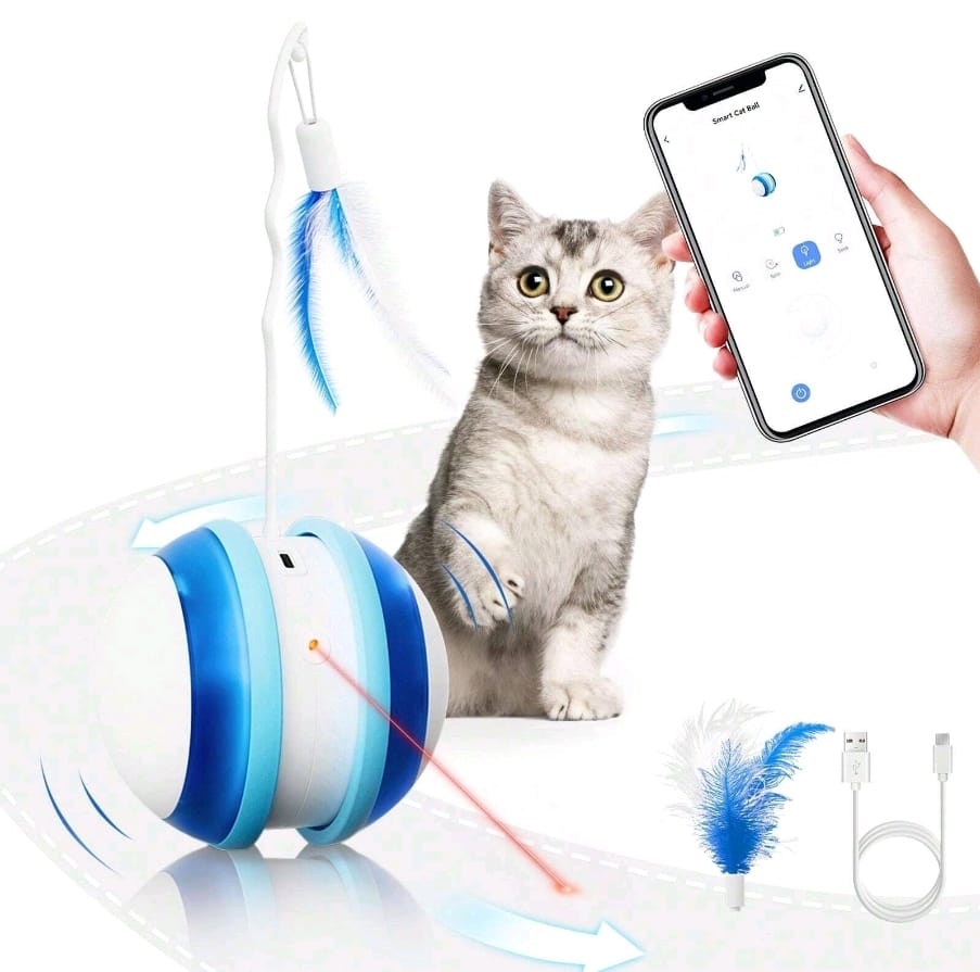 Interactive smart cat toy,latest 360 degree self-rotating ball , app control intelligent cat ball, pet toy with light and feather for indoor cat/small dog