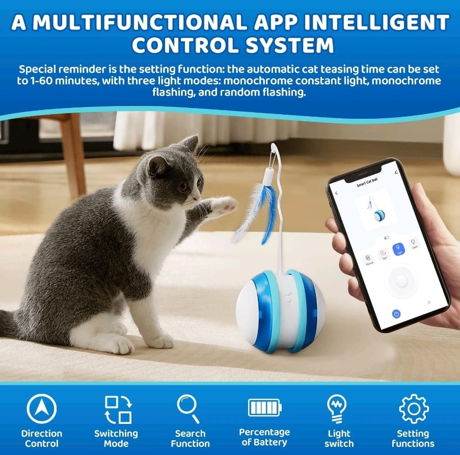Interactive smart cat toy,latest 360 degree self-rotating ball , app control intelligent cat ball, pet toy with light and feather for indoor cat/small dog