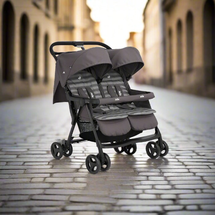 Joie Aire Twin Baby Stroller - Portable & Lightweight Double Buggy with Reversible Seat Liner (Birth to 15 kg, Dark Pewter)