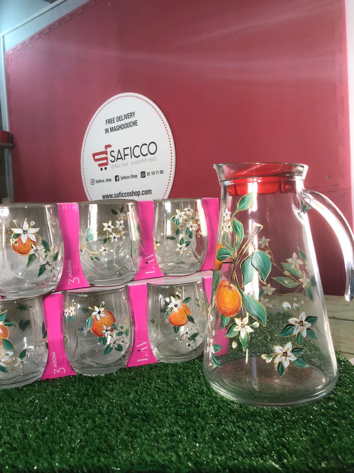 Juice jug with cups hand painted