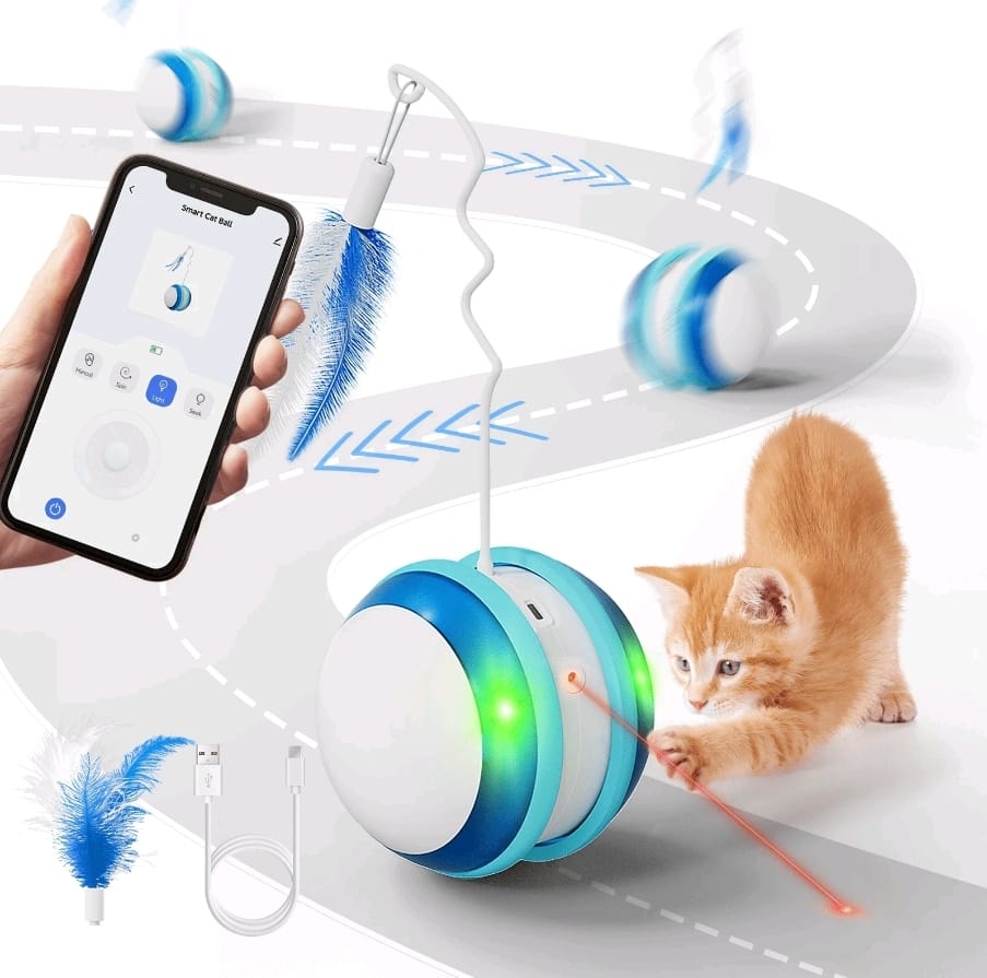 Interactive smart cat toy,latest 360 degree self-rotating ball , app control intelligent cat ball, pet toy with light and feather for indoor cat/small dog