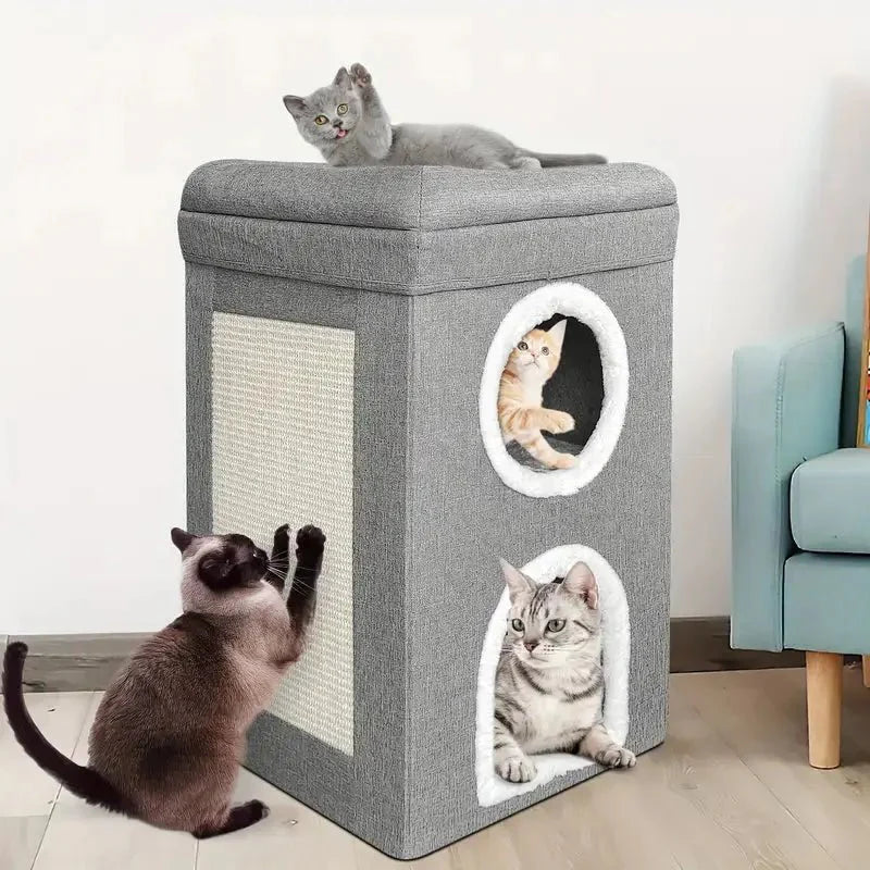 Foldable Cat House Bed with Cushion & Scratching Board