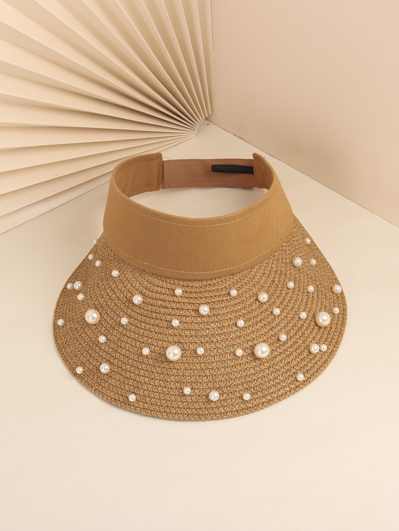 Faux Pearl Decor Straw Visor Hat