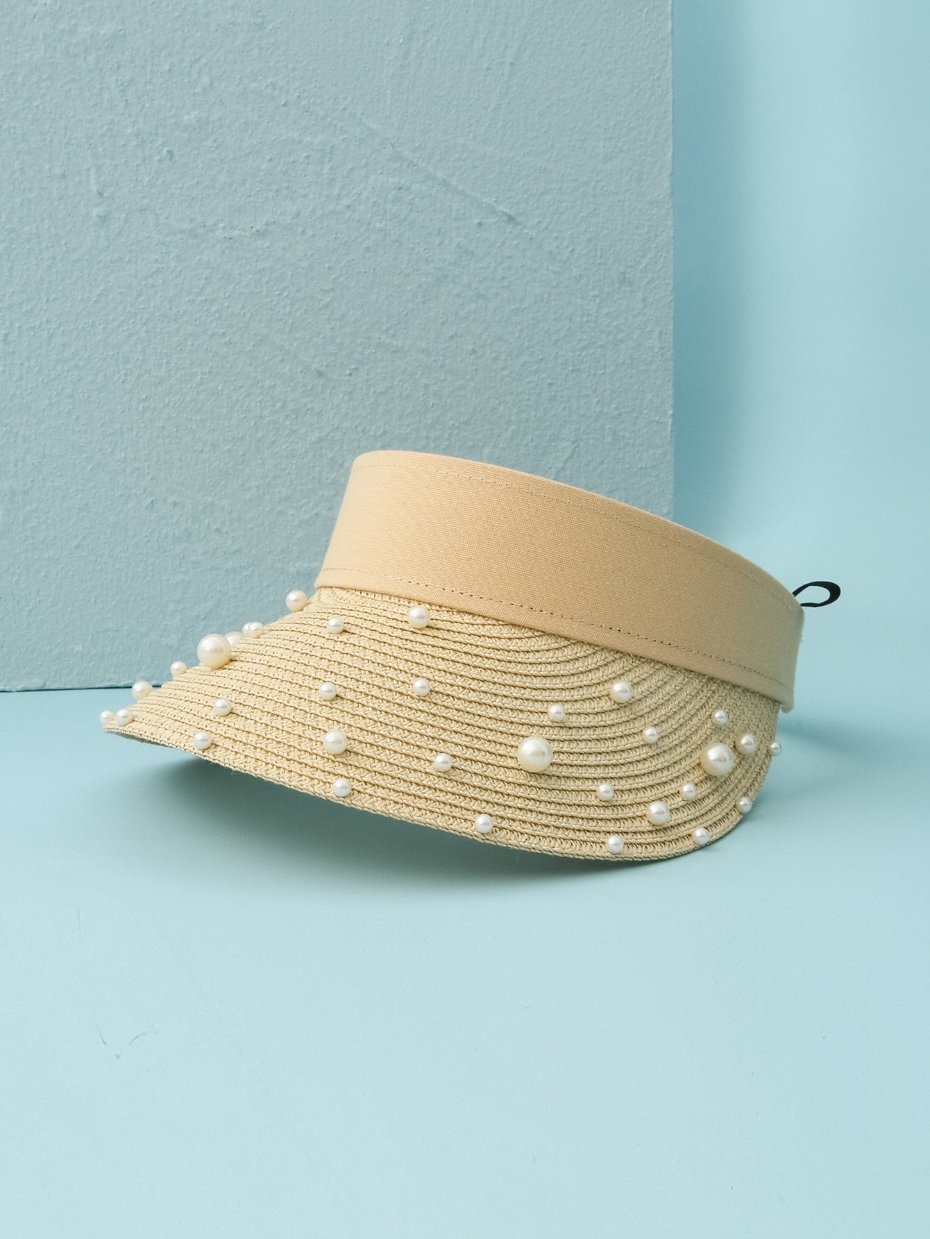 Faux Pearl Decor Straw Visor Hat