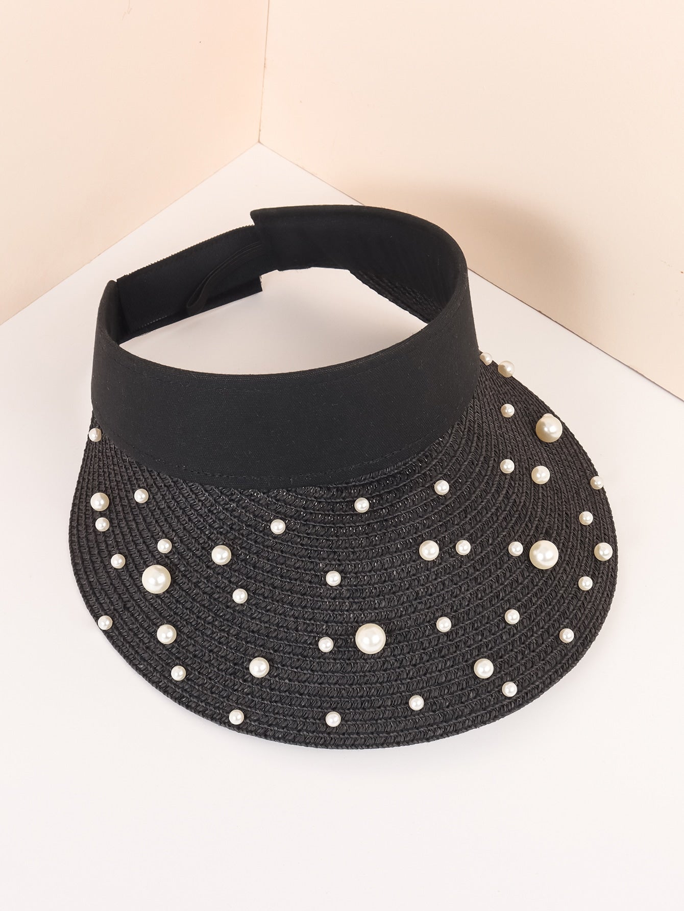 Faux Pearl Decor Straw Visor Hat