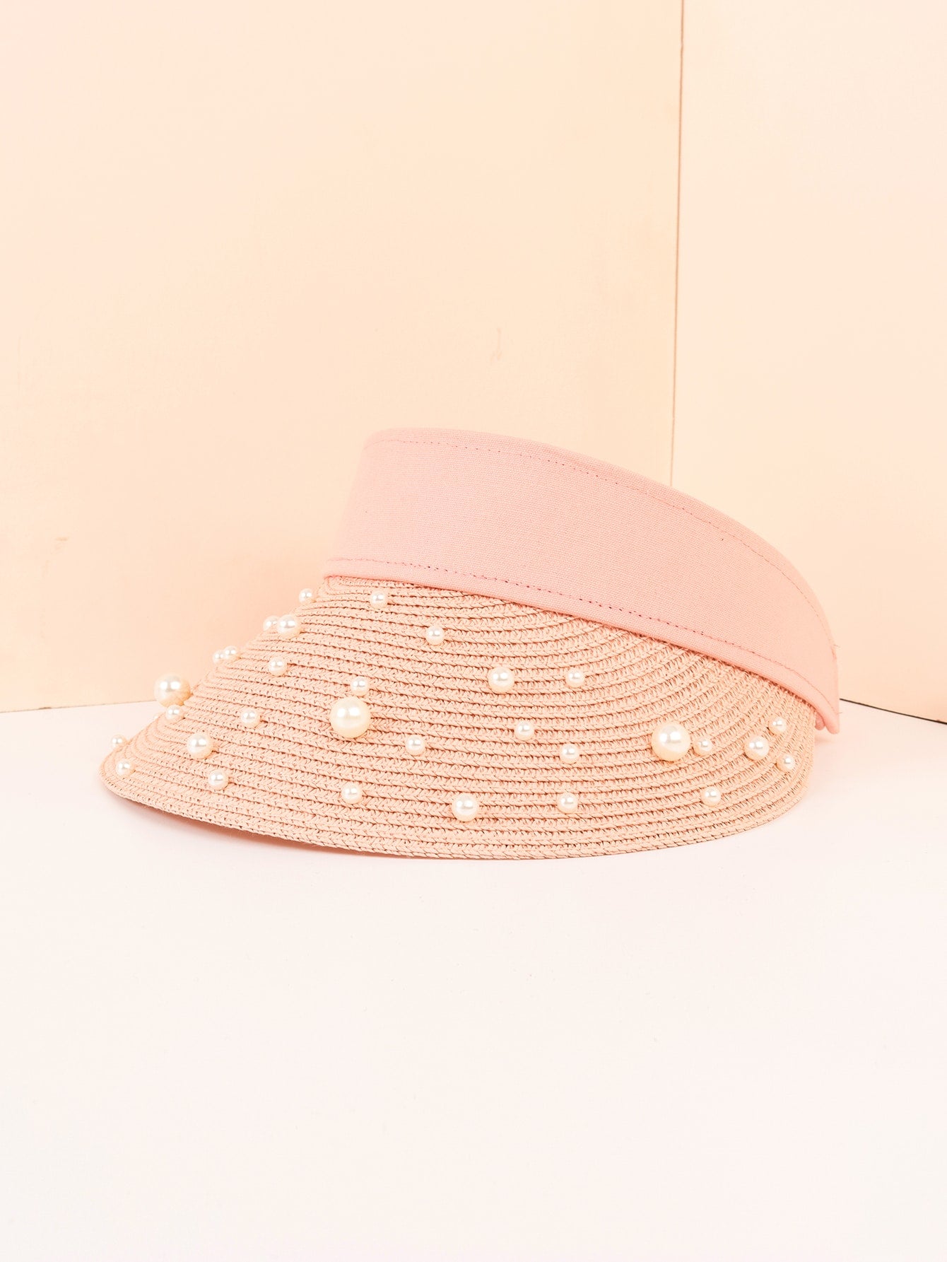 Faux Pearl Decor Straw Visor Hat