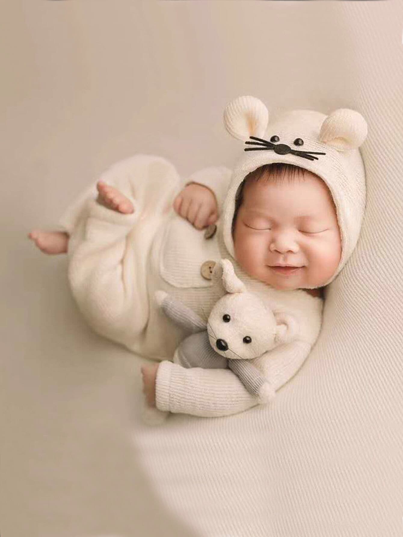 Newborn Unisex Photography Fake Button Jumpsuit Toy Hat