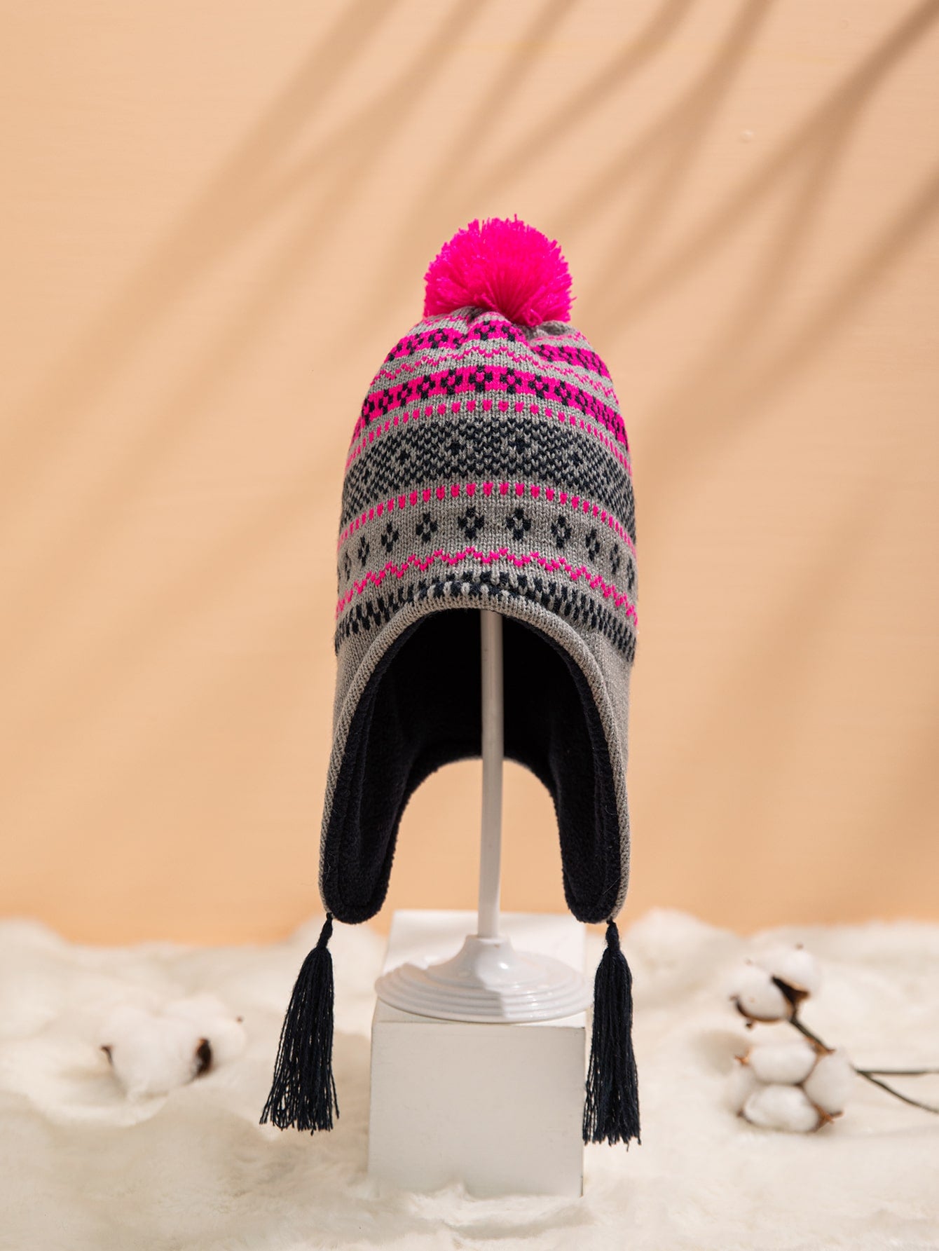 Toddler Girls Pom Pom Decor Color Block Hat