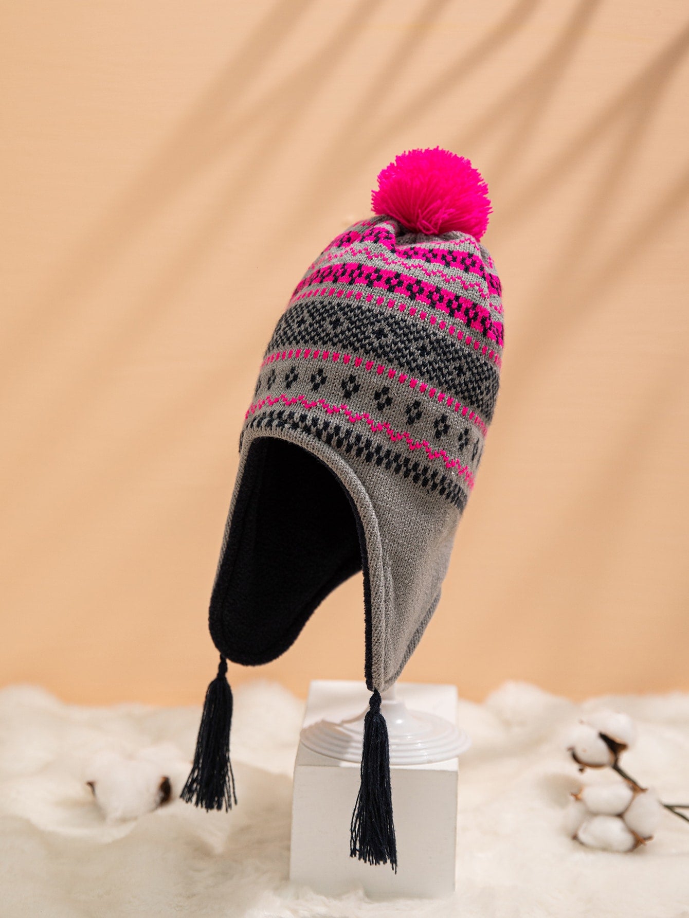 Toddler Girls Pom Pom Decor Color Block Hat
