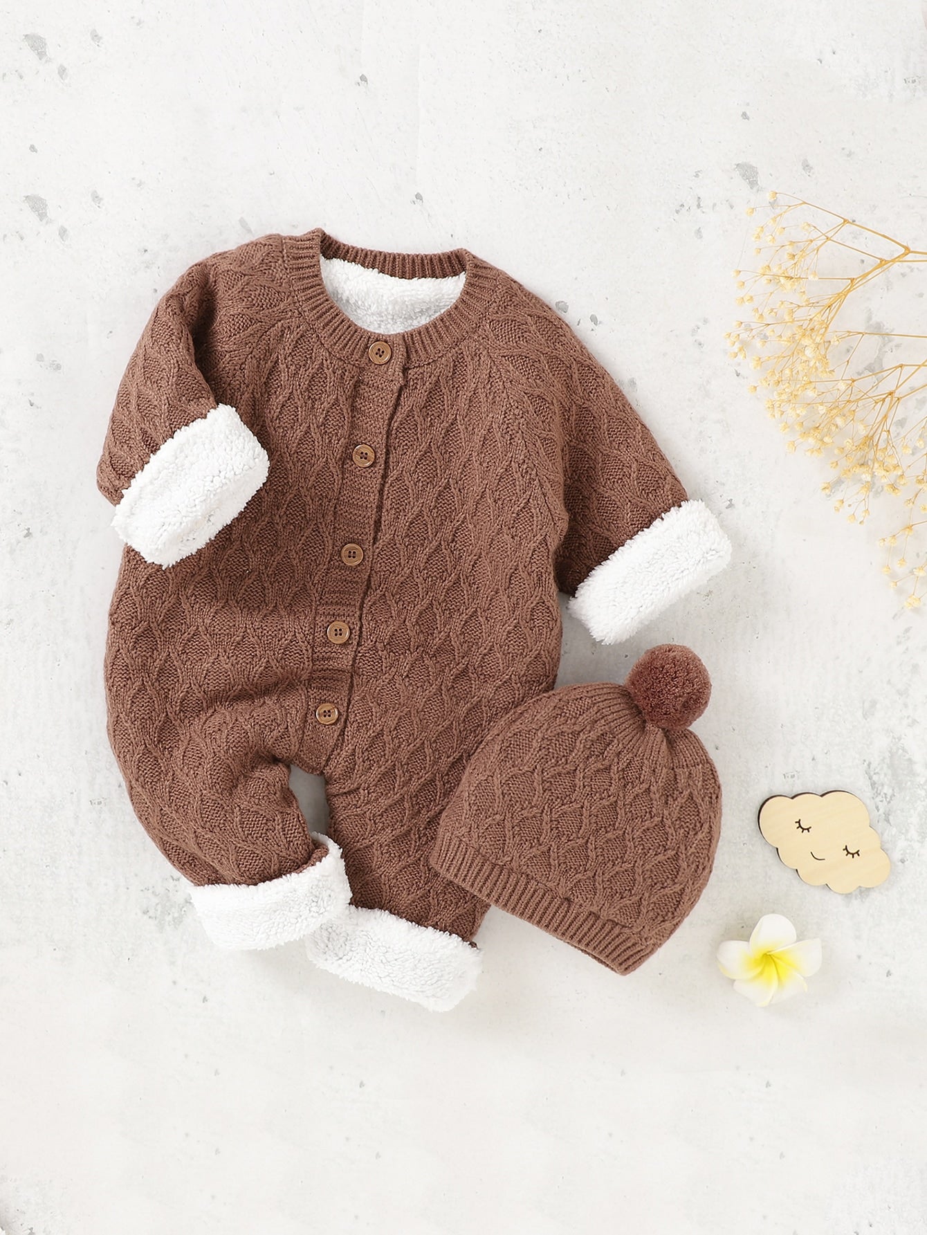 Baby Girl Button Through Thermal Knit Jumpsuit With Hat
