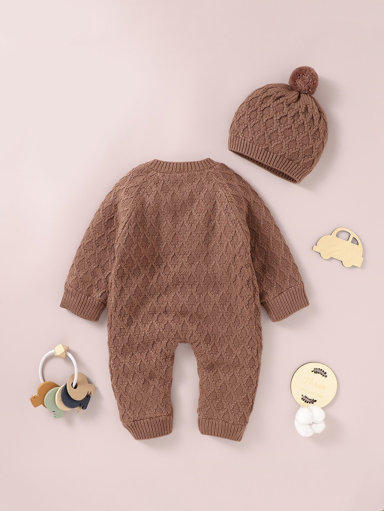 Baby Girl Button Through Thermal Knit Jumpsuit With Hat