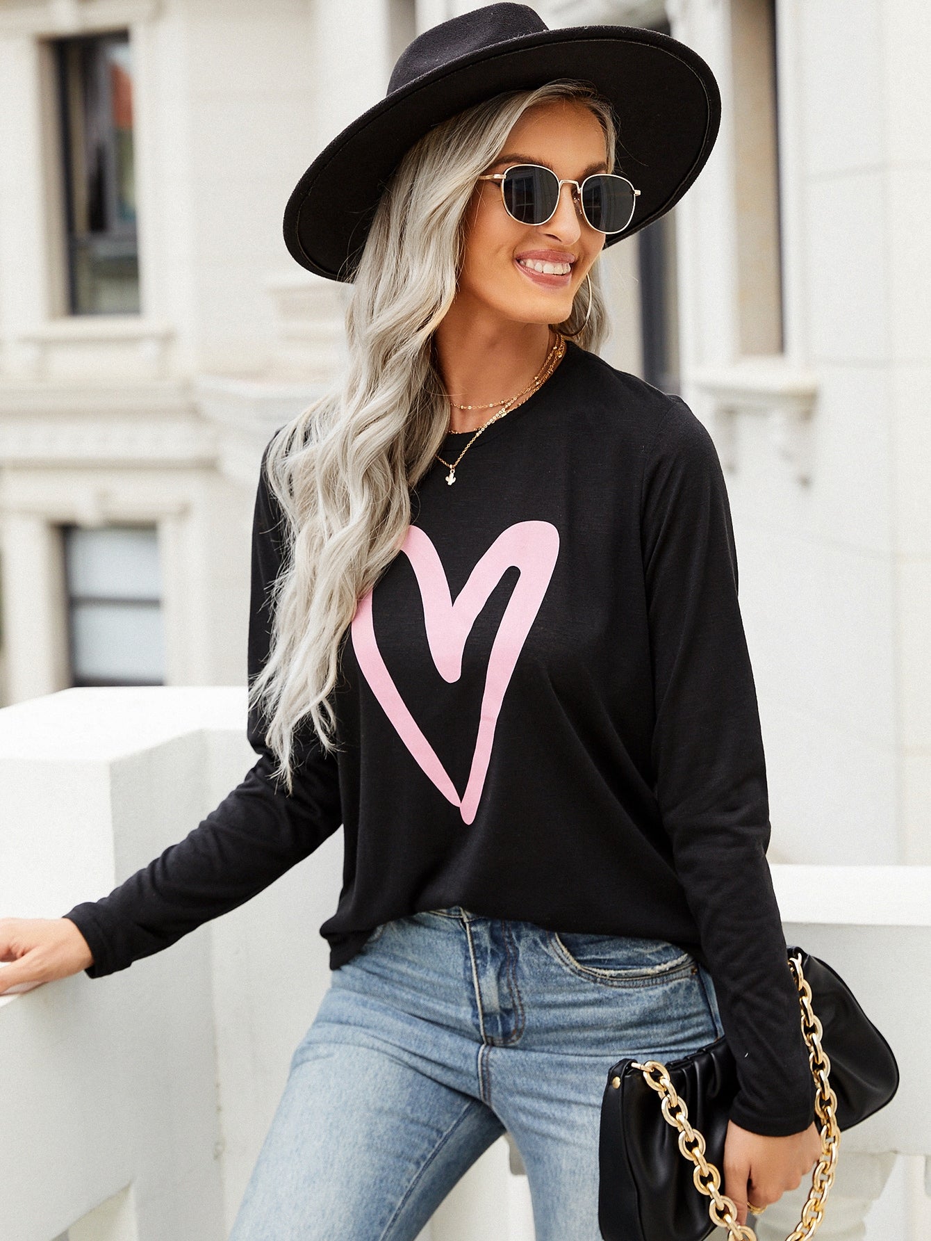 Heart Print Round Neck Tee