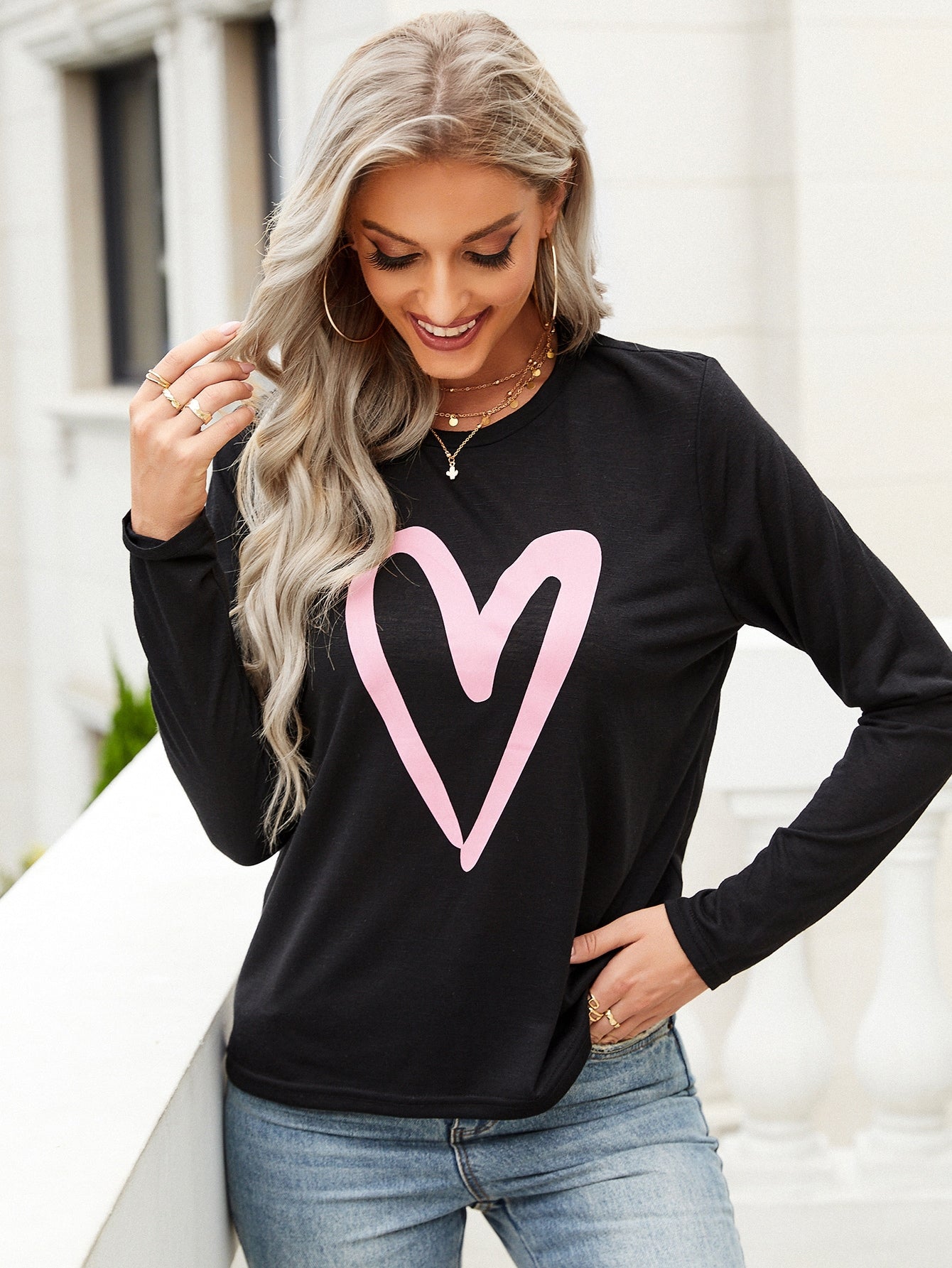 Heart Print Round Neck Tee