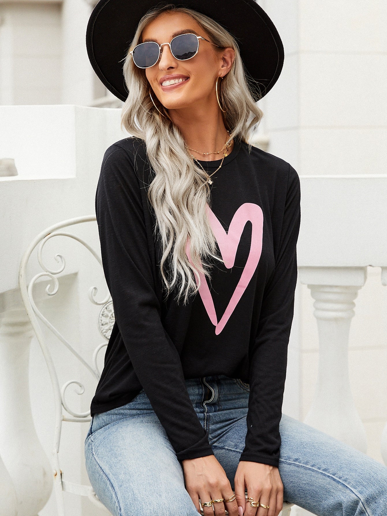 Heart Print Round Neck Tee