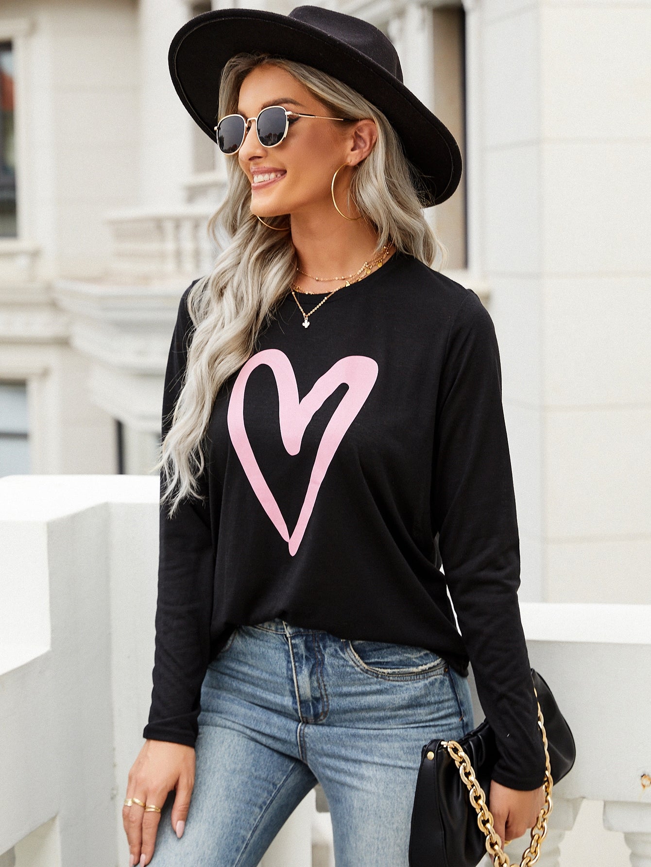 Heart Print Round Neck Tee