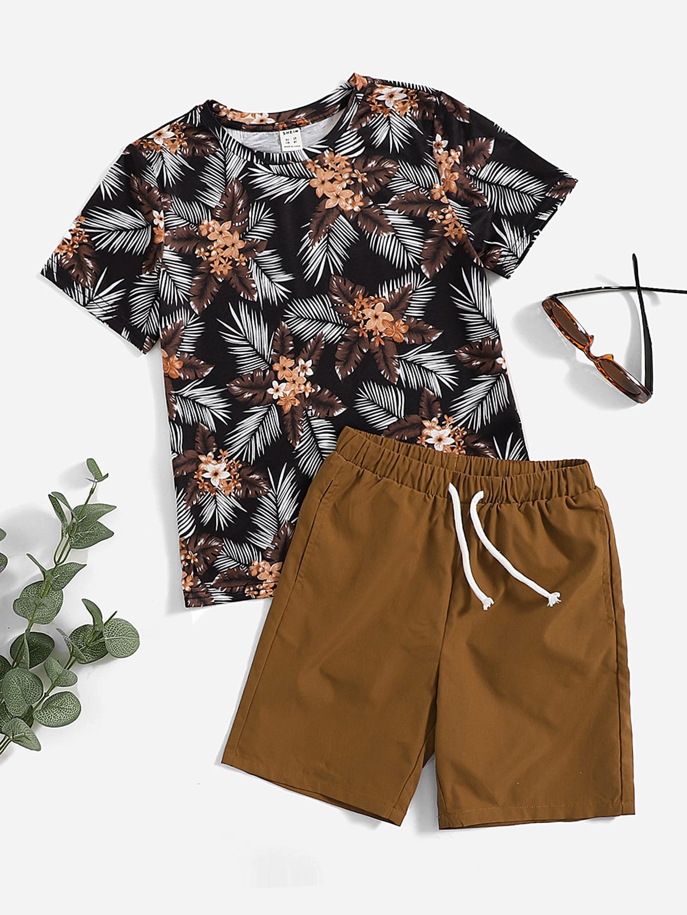 Boys Floral Tee Drawstring Shorts Set