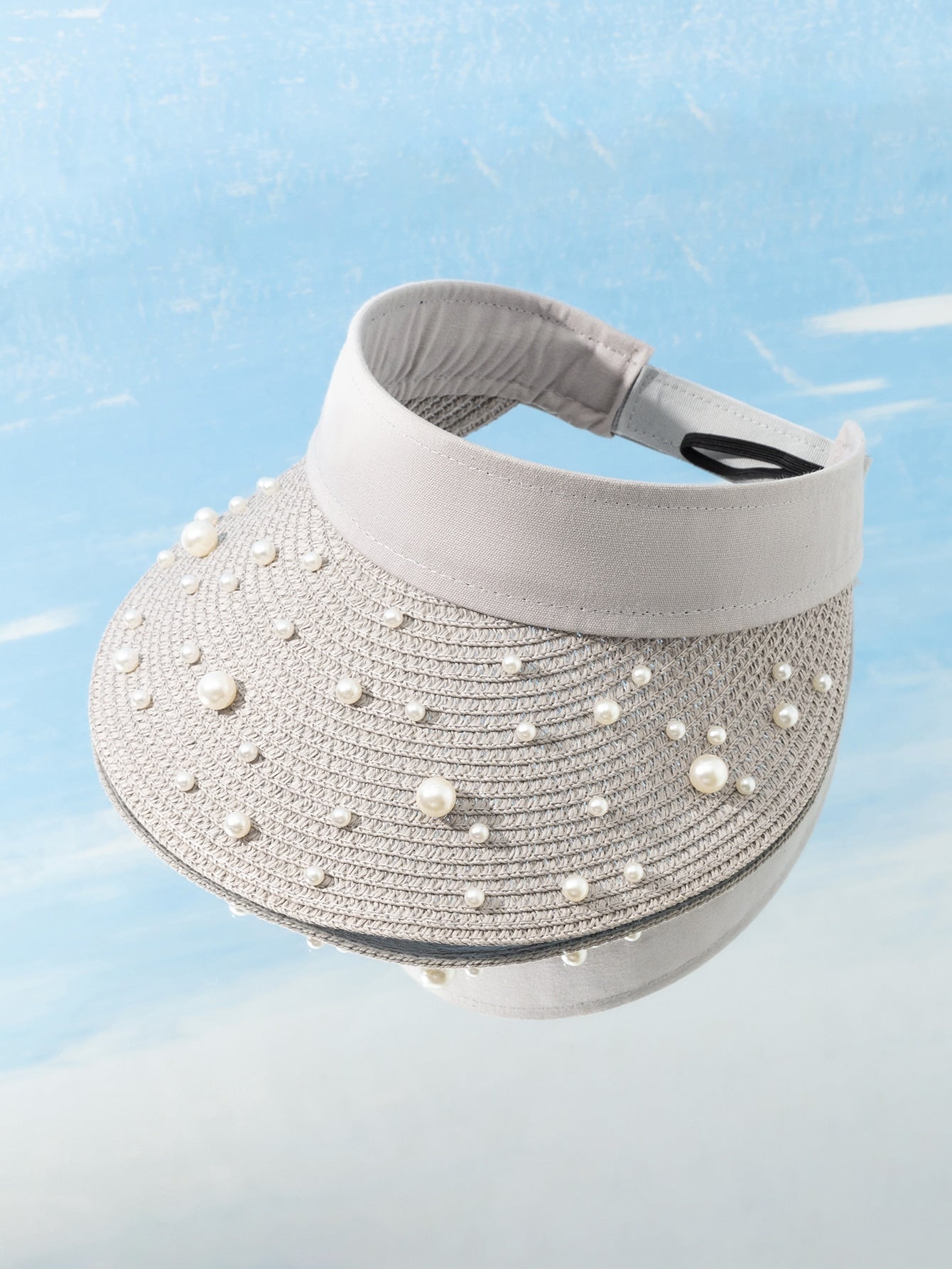 Faux Pearl Decor Straw Visor Hat