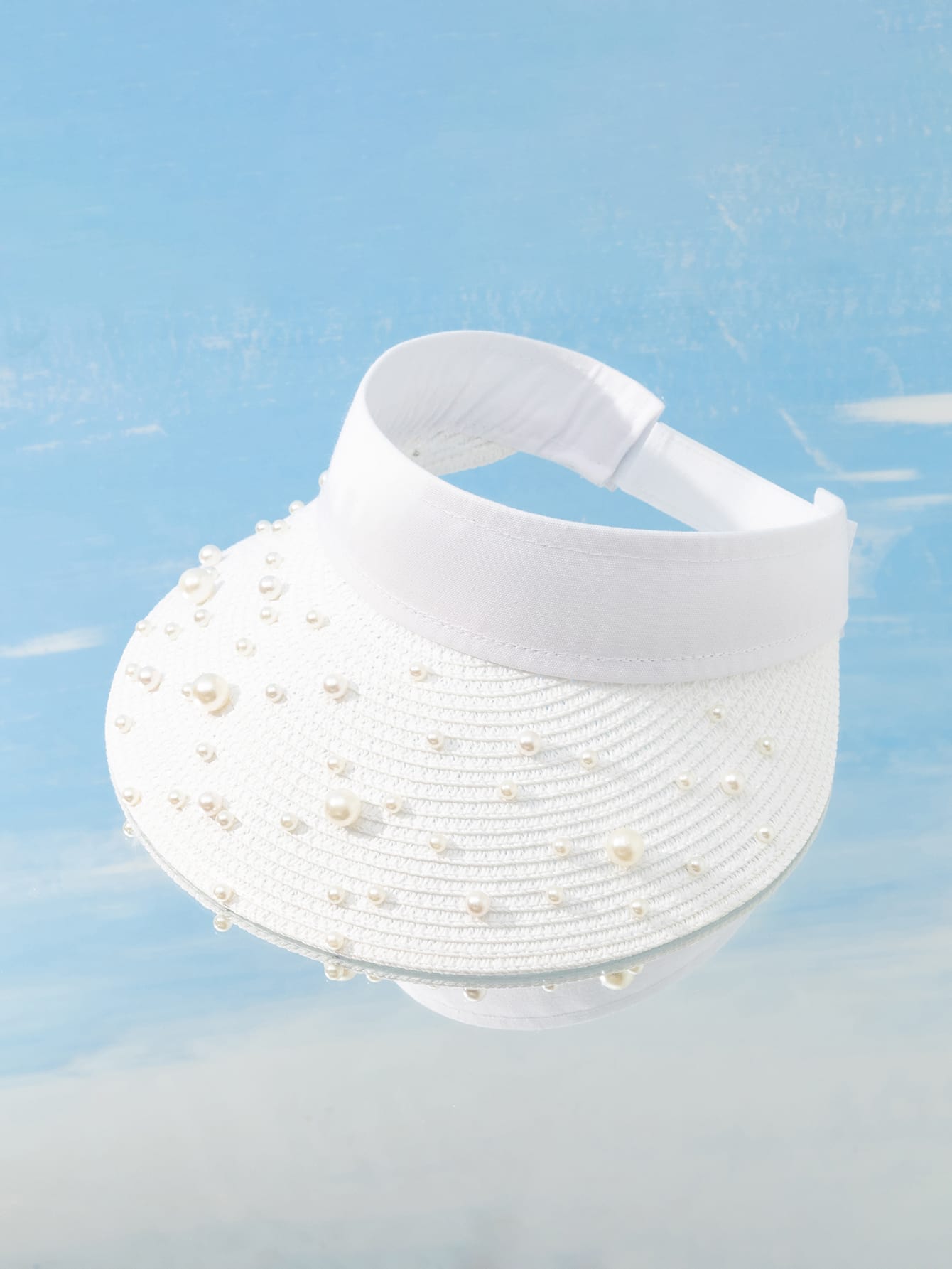 Faux Pearl Decor Straw Visor Hat