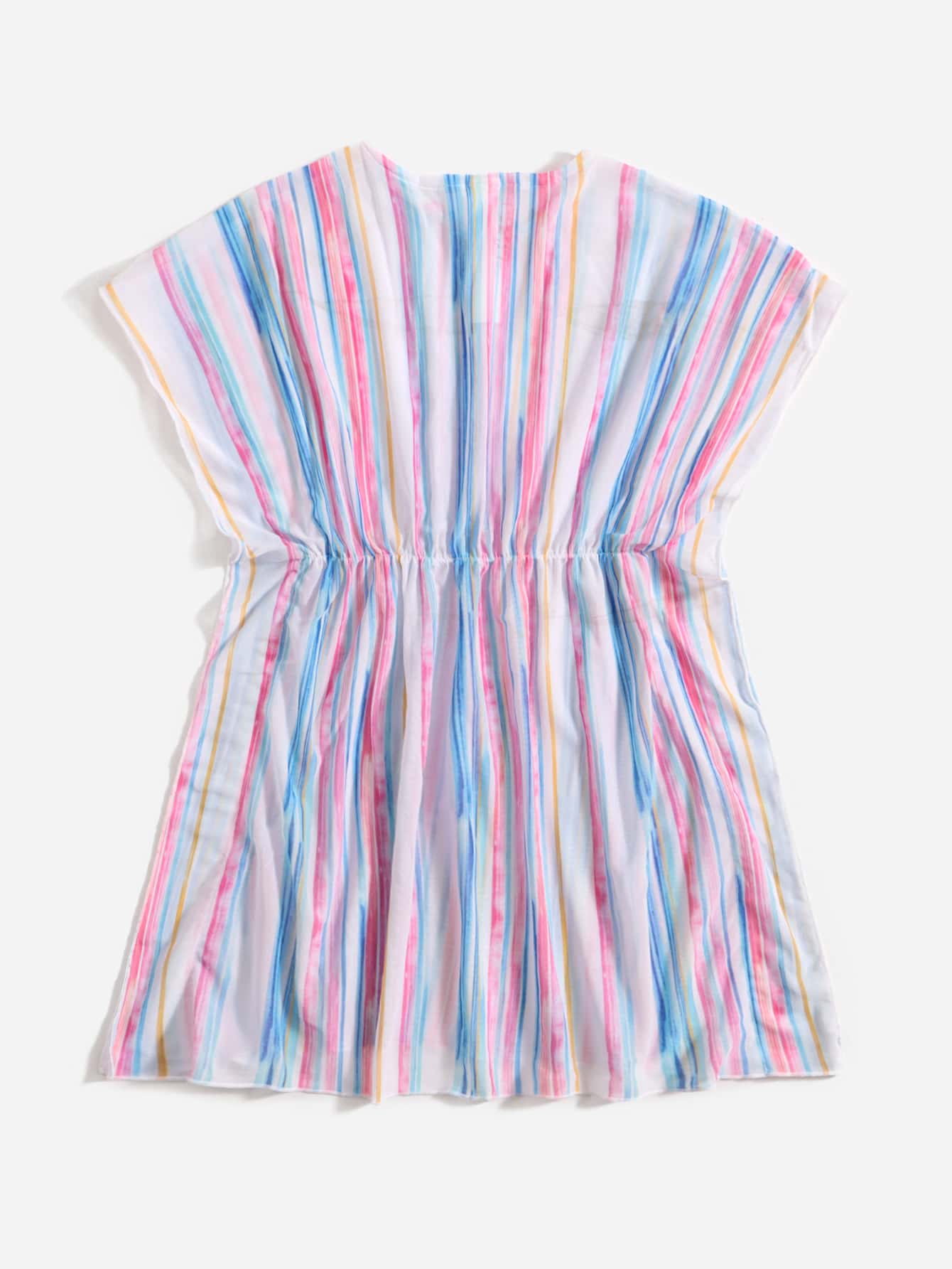 Toddler Girls Block Striped Batwing Sleeve Cover Up