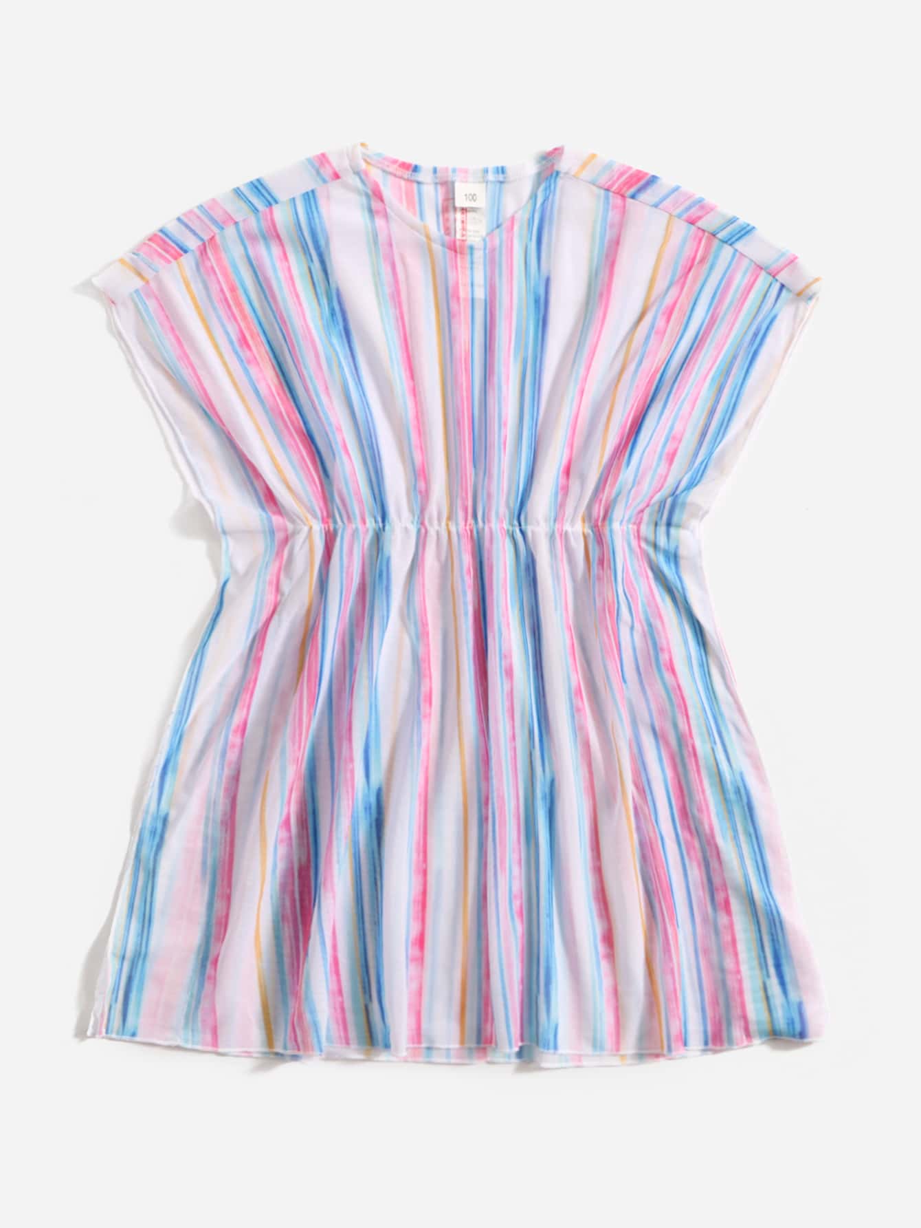 Toddler Girls Block Striped Batwing Sleeve Cover Up