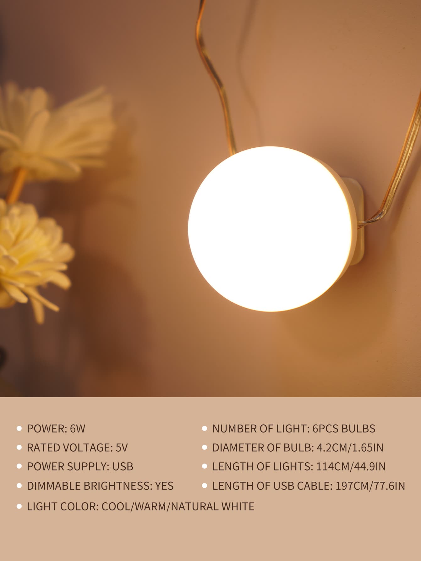 BASIC LIVING 6 LED Light Bulbs Vanity Mirror String Light