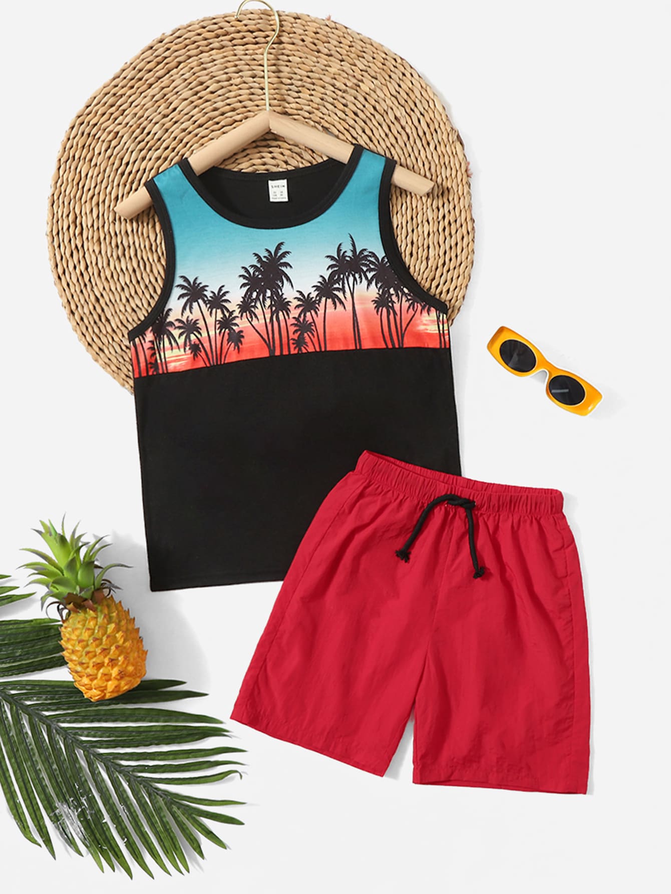 Boys Palm Tree Print Contrast Binding Tank Top Drawstring Waist Shorts