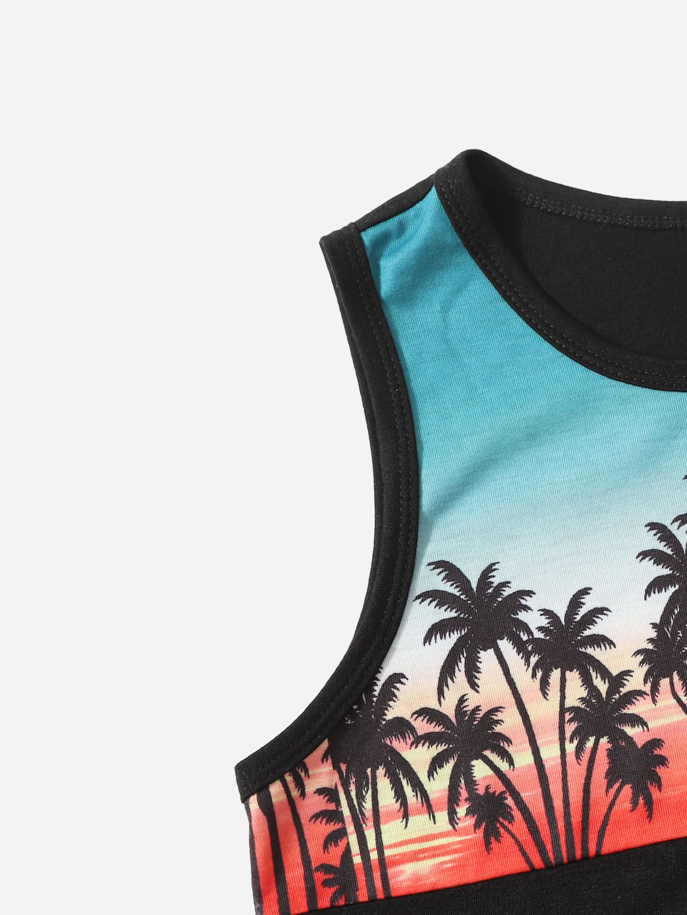 Boys Palm Tree Print Contrast Binding Tank Top Drawstring Waist Shorts