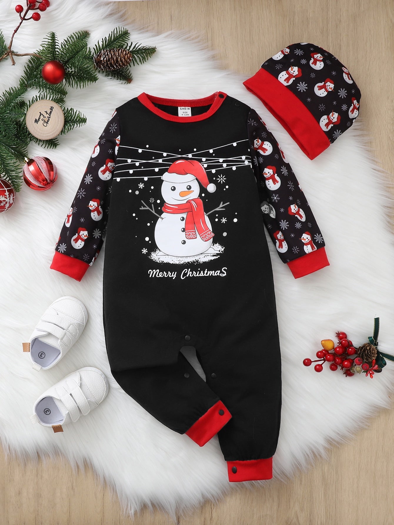 Baby Christmas Snowman Letter Graphic Jumpsuit Hat