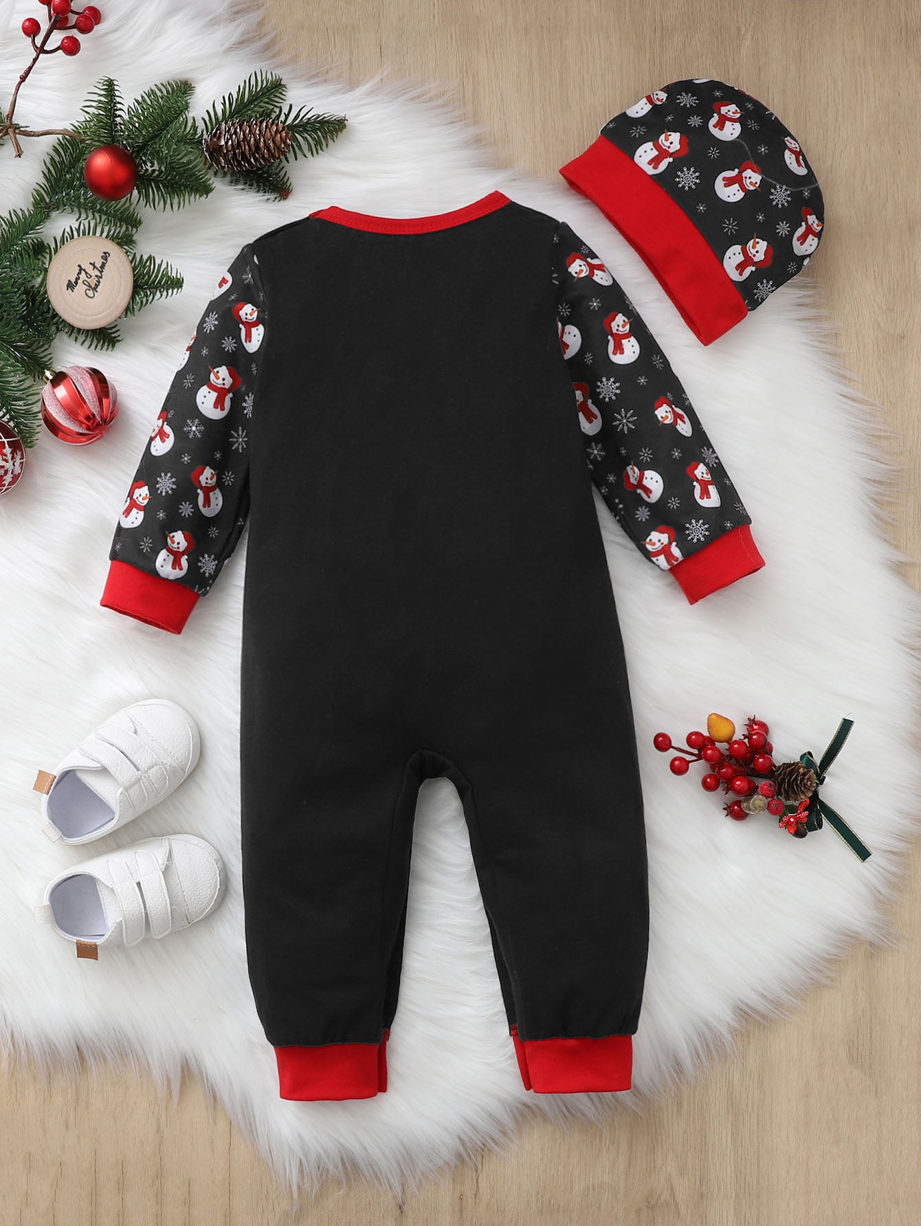 Baby Christmas Snowman Letter Graphic Jumpsuit Hat