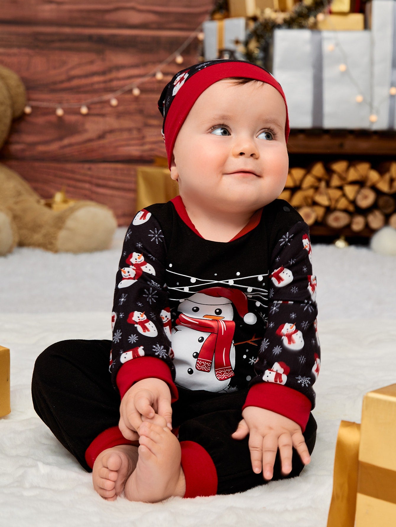 Baby Christmas Snowman Letter Graphic Jumpsuit Hat