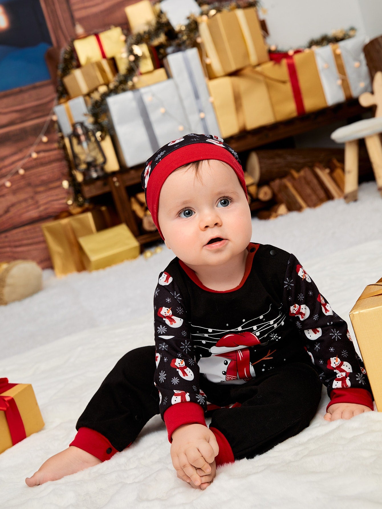 Baby Christmas Snowman Letter Graphic Jumpsuit Hat