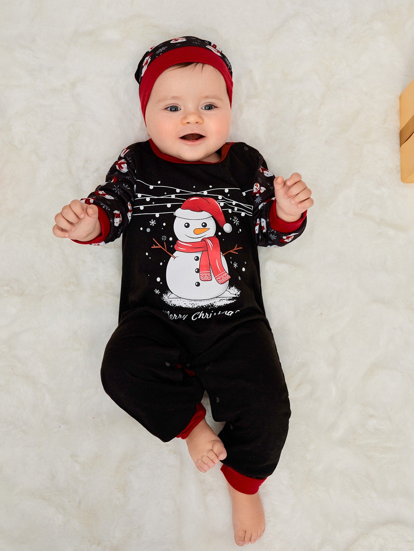 Baby Christmas Snowman Letter Graphic Jumpsuit Hat
