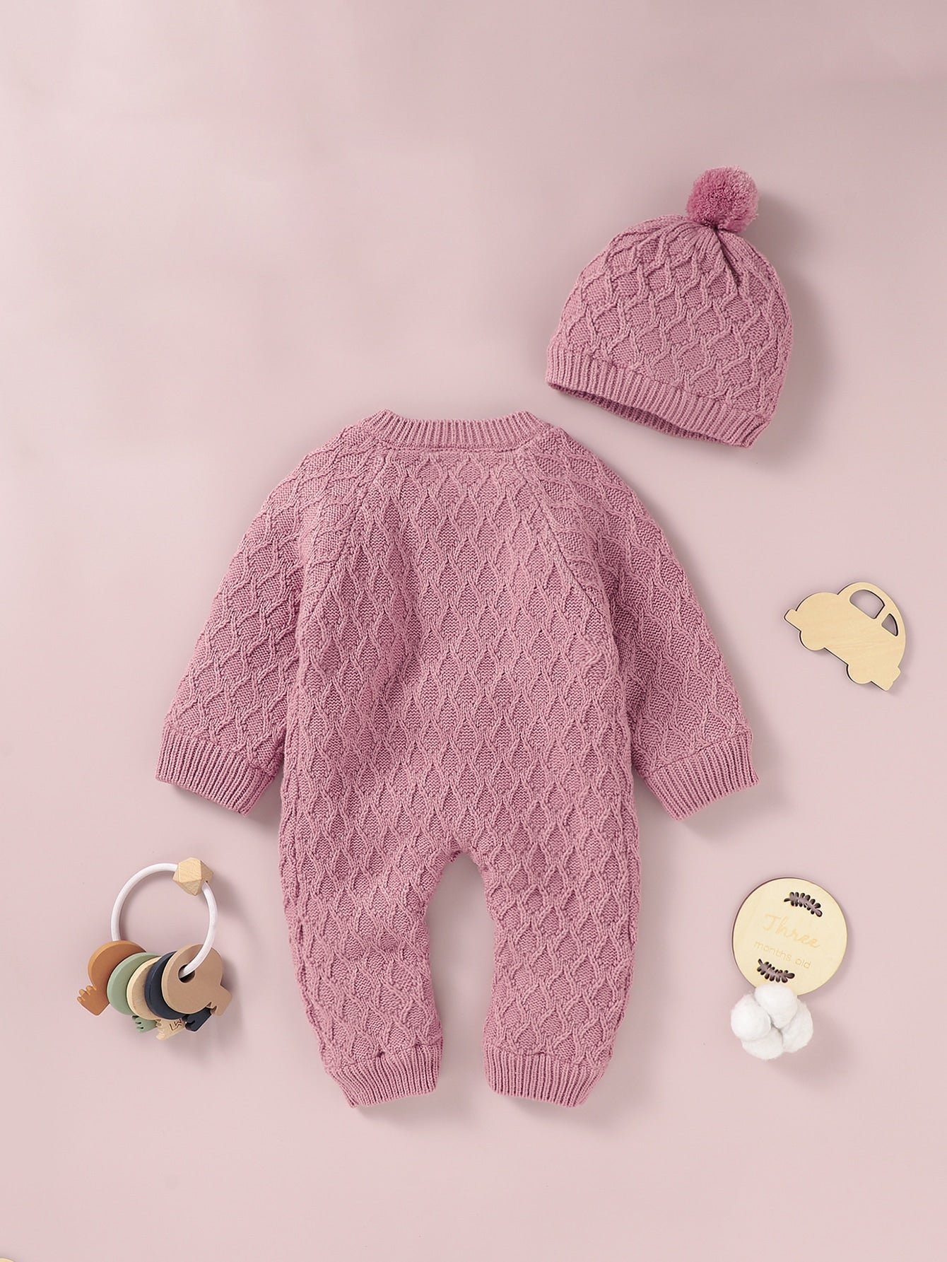Baby Girl Button Through Thermal Knit Jumpsuit With Hat