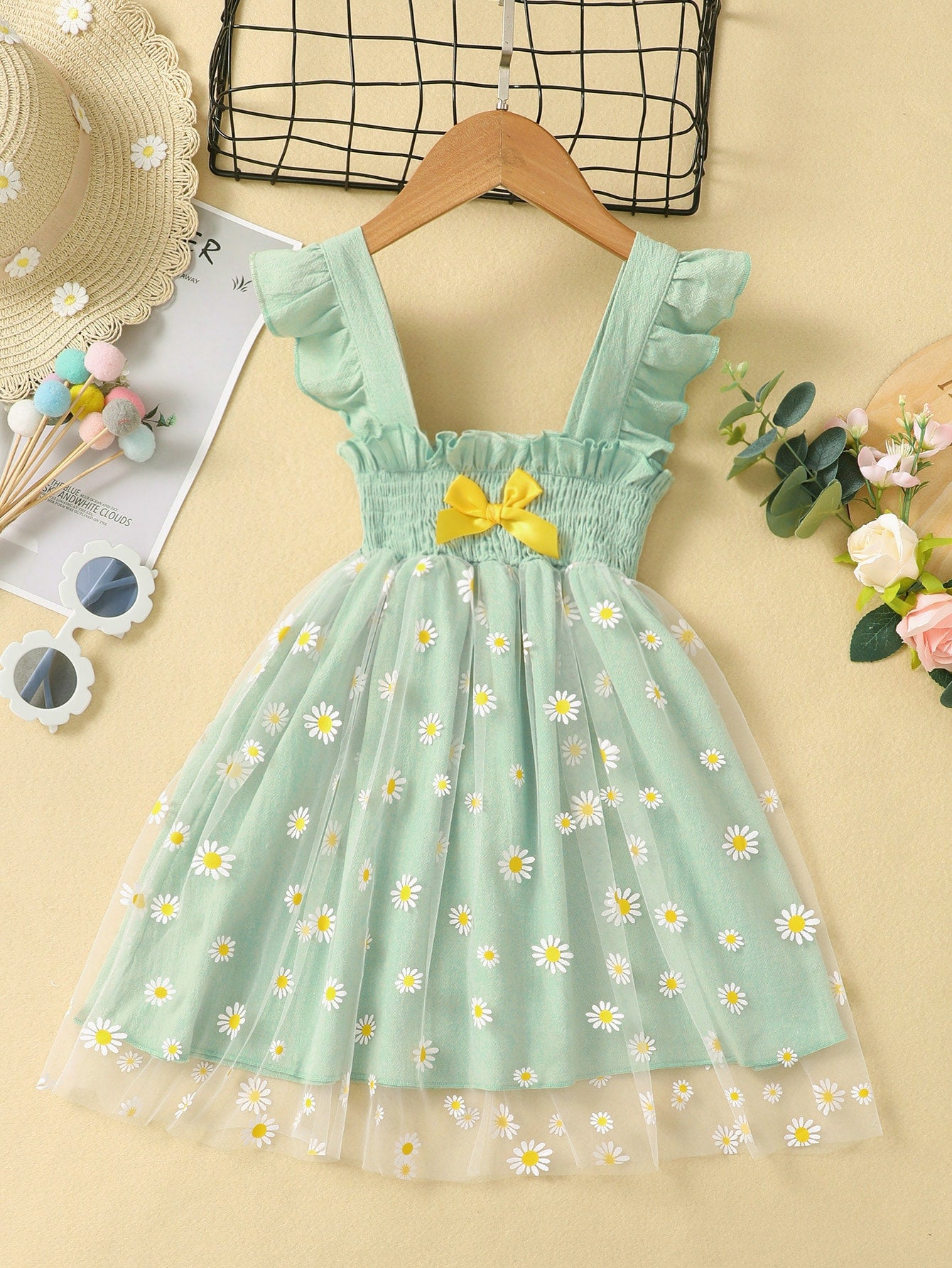 Kids EVRYDAY Toddler Girls Floral Bow Front Ruffle Trim Shirred Contrast Mesh Dress