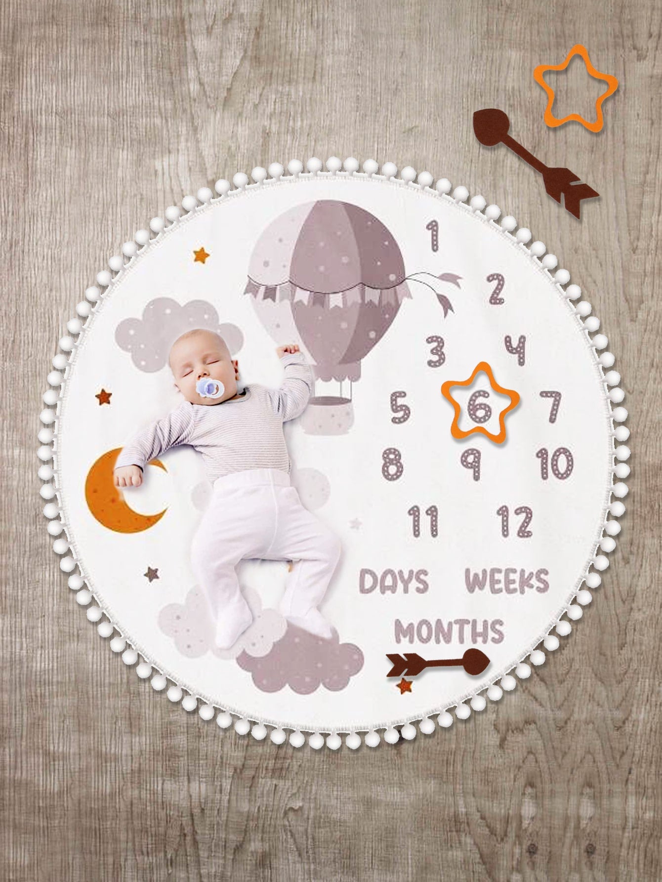 Newborn Photography Cartoon Graphic Pompom Trim Blanket With 2pcs Accessories