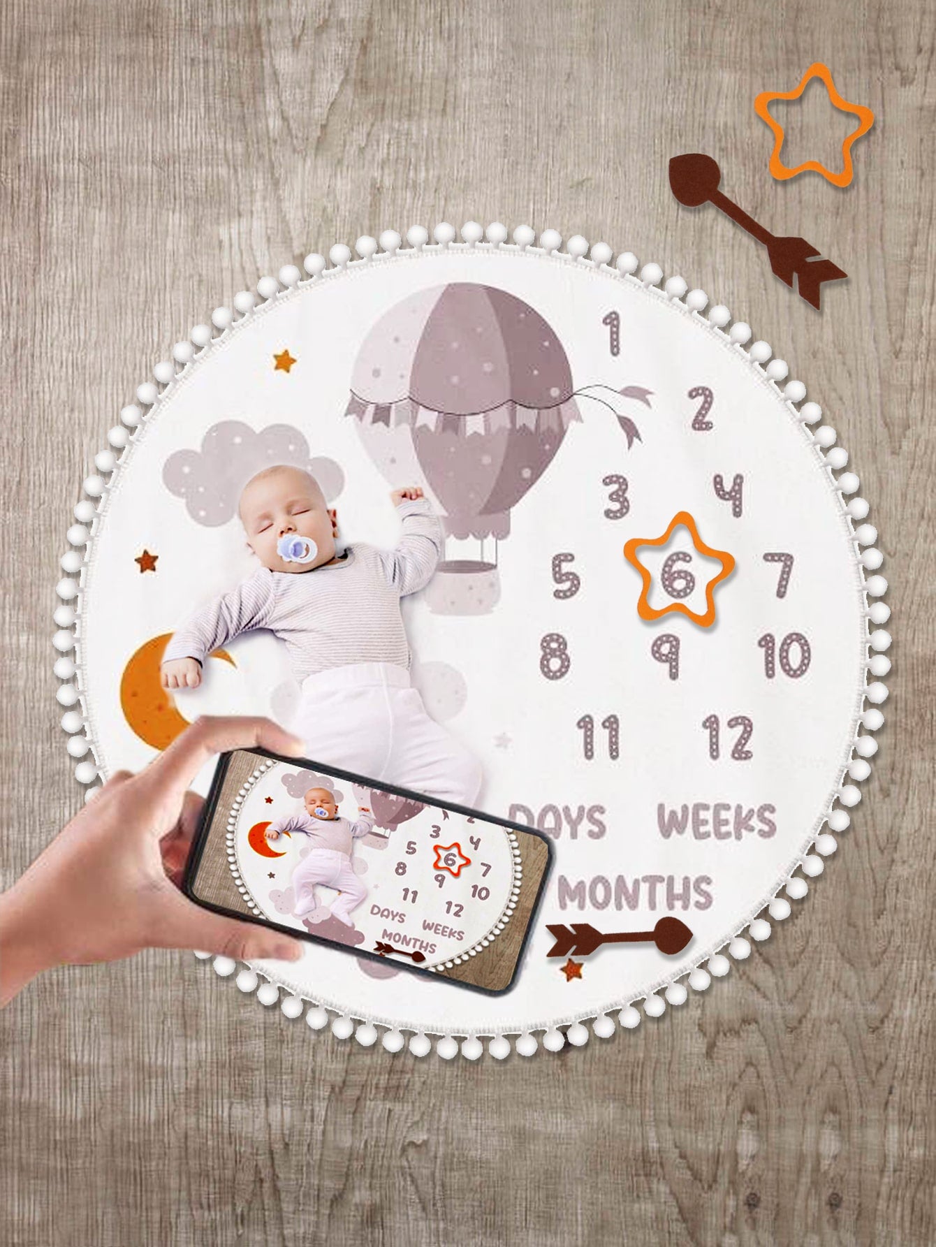 Newborn Photography Cartoon Graphic Pompom Trim Blanket With 2pcs Accessories