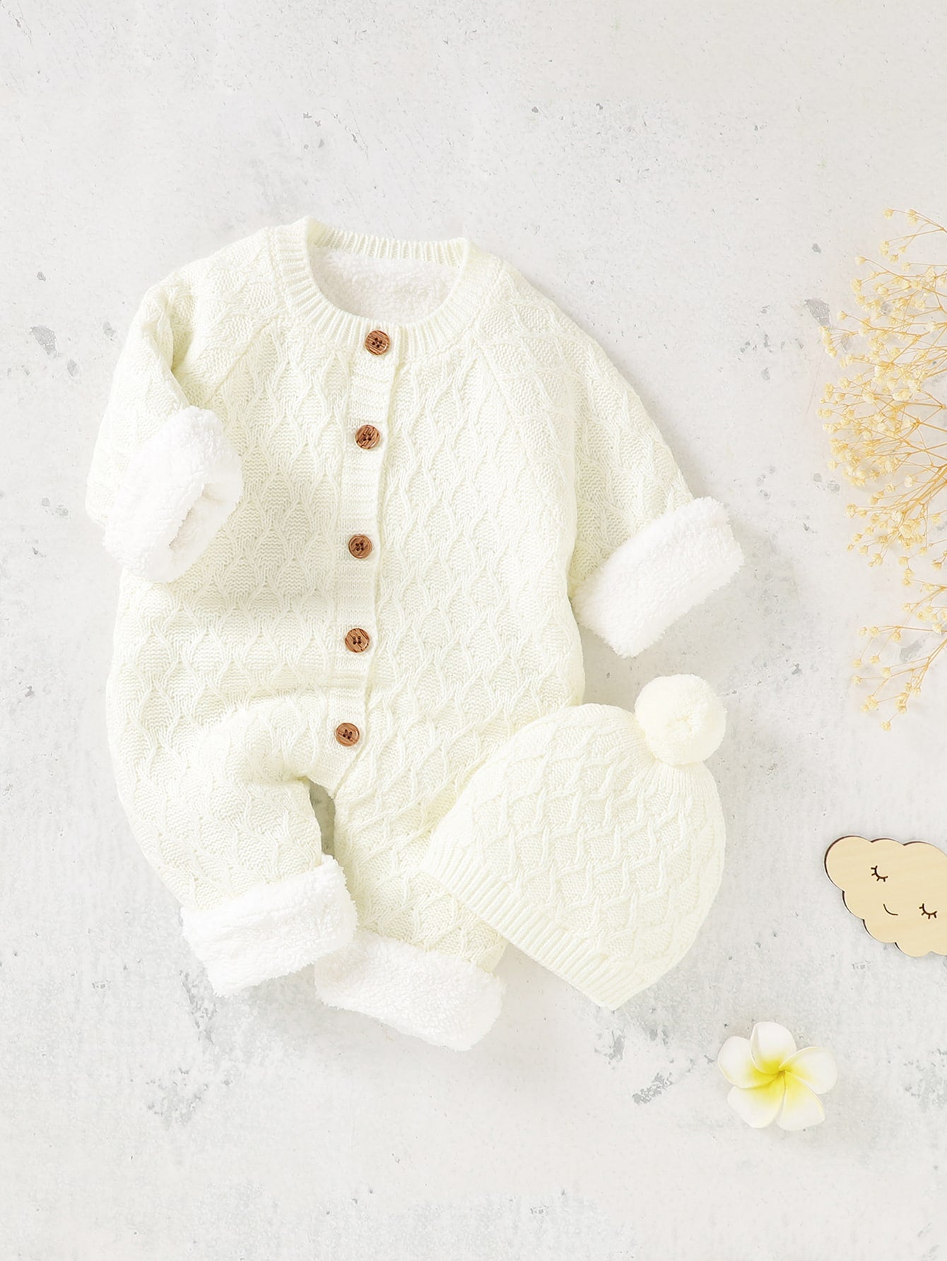 Baby Girl Button Through Thermal Knit Jumpsuit With Hat