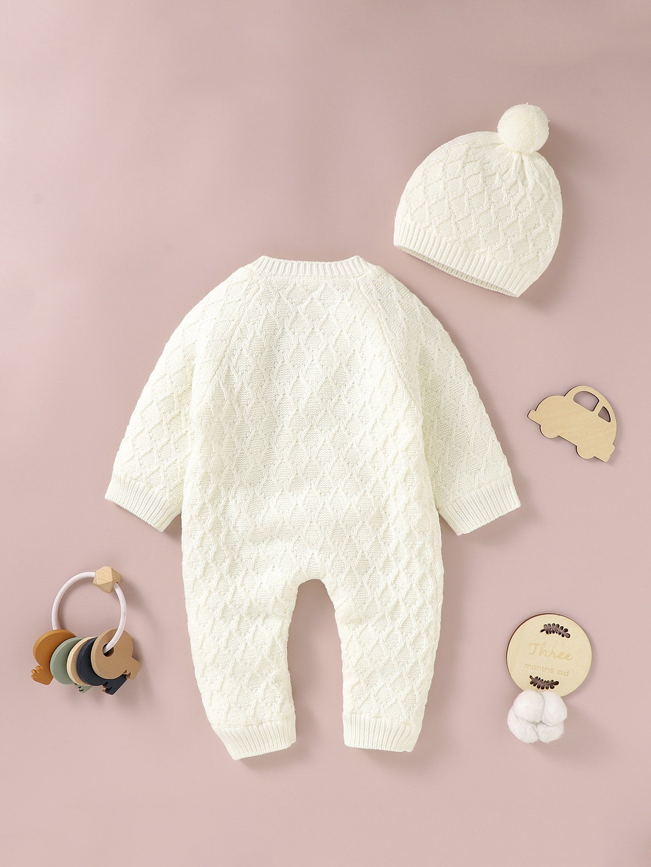 Baby Girl Button Through Thermal Knit Jumpsuit With Hat
