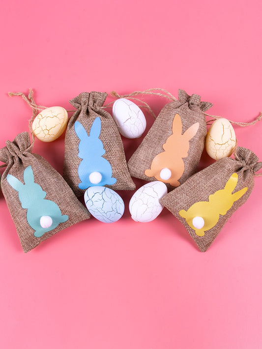 6pcs Easter Rabbit Pom Pom Decor Drawstring Design Gift Bag Cartoon Candy Bag For Party Holiday
