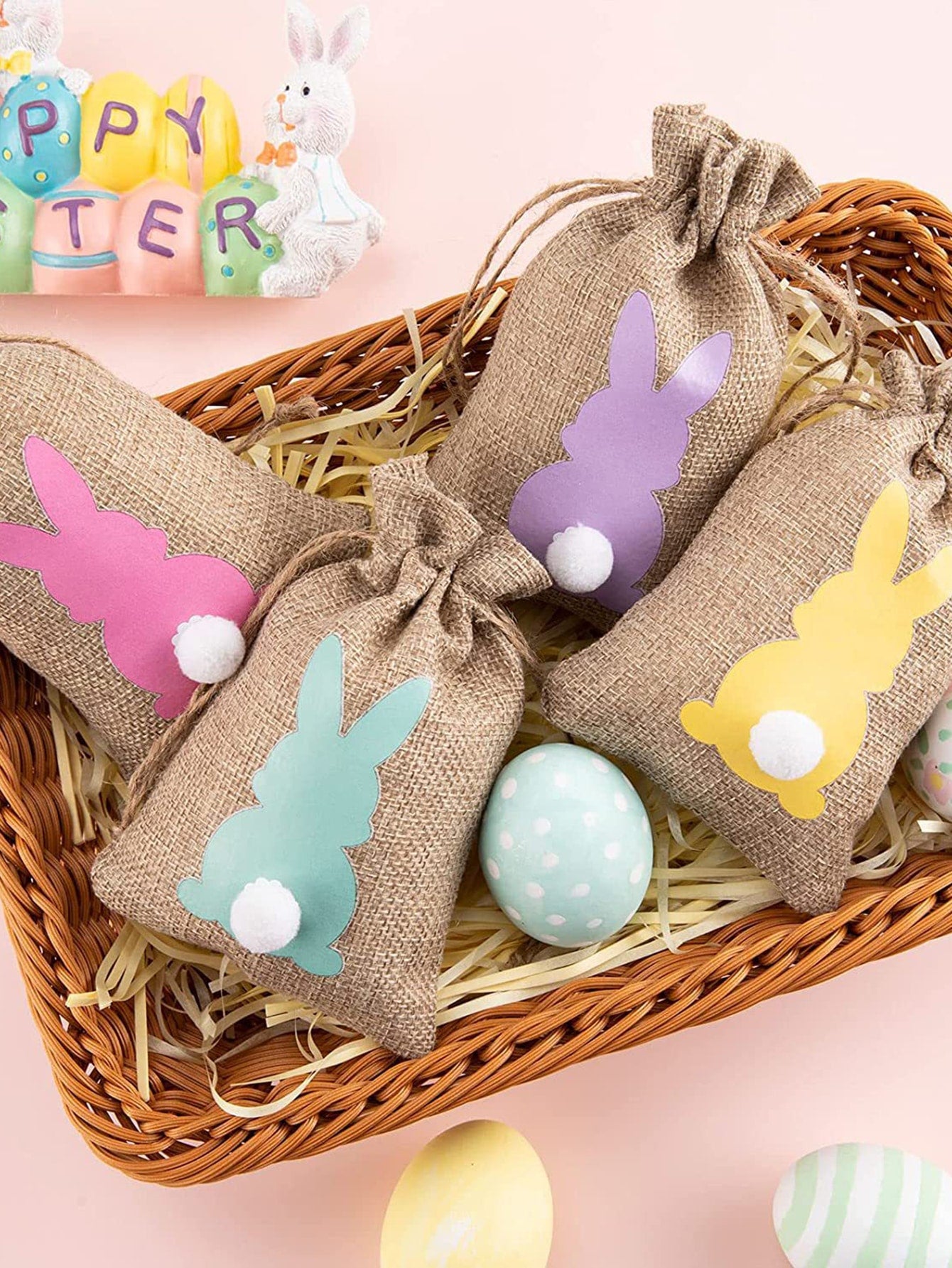 6pcs Easter Rabbit Pom Pom Decor Drawstring Design Gift Bag Cartoon Candy Bag For Party Holiday